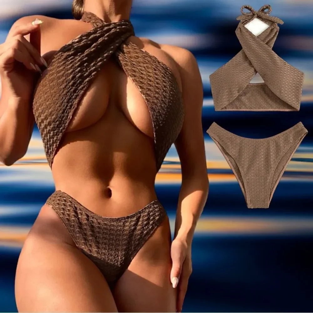 Chic Brown Bikini Swimwear l Cris-cross bikini & sarong l NWOT